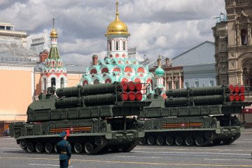 Buk-M3 air defense missile systems during a Victory Day parade rehearsal in Moscow on May 7, 2021. (Source: Getty Images)