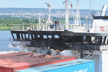 The container vessel U STORK, damaged in a reported drone attack in the Black Sea, enters Varna Bay, Bulgaria. (Source: Getty Images) The container vessel U STORK, damaged in a reported drone attack in the Black Sea, enters Varna Bay, Bulgaria. (Source: Getty Images)