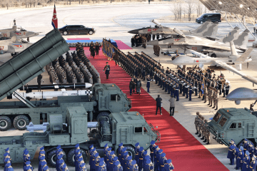 North Korea’s leader inspects a military display featuring MiG-29 and Su-25 fighter jets, long-range drones, and what appear to be ballistic and air-to-air missiles.  (Source: KCNA)
