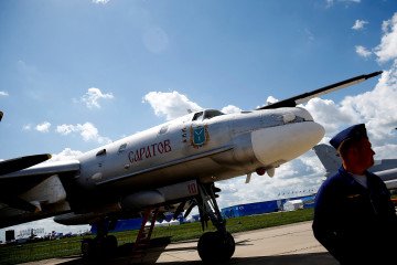 A pair of Tupolev Tu‑95 strategic bombers displayed at the MAKS‑2017 air show in Zhukovsky, near Moscow. (Source: Getty Images)