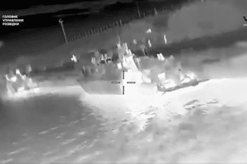 Infrared image released by Ukraine’s Main Intelligence Directorate (HUR) showing a Russian BK‑16 landing craft moments before being hit by a drone strike in occupied Crimea. (Source: HUR)