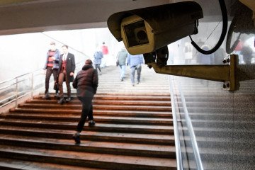 A picture shows a surveillance camera in an underground passage in Moscow, Russia. (Source: Getty Images)