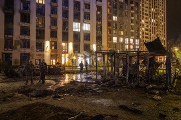Debris lies in the courtyard of a residential building following a Russian attack on October 12, 2026 in Kyiv, Ukraine. (Source: Getty Images) Debris lies in the courtyard of a residential building following a Russian attack on October 12, 2026 in Kyiv, Ukraine. (Source: Getty Images)
