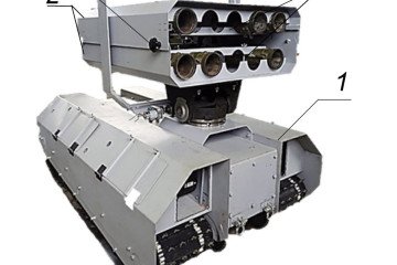 Prototype of the “mini-Solntsepyok” ground robot with mounted rocket launchers on top of a tracked platform. (Source: BTVT.INFO)