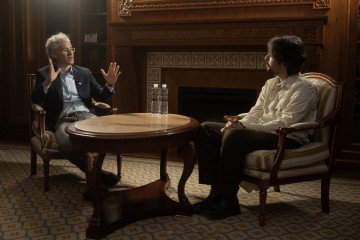 UNITED24 Media correspondent, Daniel Kosoy with the Palantir CEO Alex Karp during interview in Kyiv, May 12, 2026. (Source: UNITED24 Media/Joshua Olley)