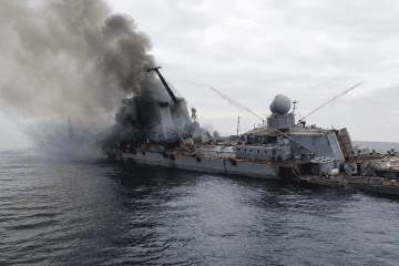 The Russian Black Sea Fleet flagship Moskva burns after being struck by Ukrainian Neptune anti-ship missiles in the Black Sea in April 2022. (Photo: Open source) The Russian Black Sea Fleet flagship Moskva burns after being struck by Ukrainian Neptune anti-ship missiles in the Black Sea in April 2022. (Photo: Open source)