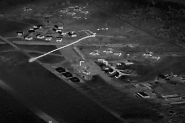 Russian air defenses fire a missile at a Ukrainian strike drone during an attack on the Khalino airfield in the Russian Kursk region, July 21, 2026.