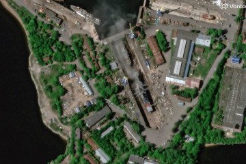 Satellite image, showing a fire at the Russian Boiky corvette in the drydock, June 4, 2026.