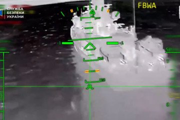 A Russian Project 10410B Svetlyak-class patrol ship moments before being struck by an SBU drone. (Source: SBU video) A Russian Project 10410B Svetlyak-class patrol ship moments before being struck by an SBU drone. (Source: SBU video)