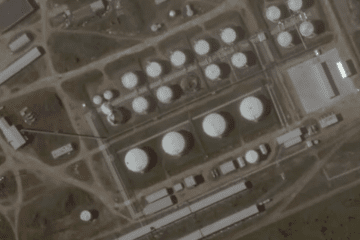 Satellite image shows damaged oil storage tanks at the Armavir oil depot in Russia’s Krasnodar region following Ukrainian drone strikes. (Source: Schemes/RFE/RL)