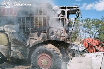 A combine harvester damaged by a Russian drone strike during harvesting in Ukraine’s Zaporizhzhia region, August 15, 2026. (Source: SES of Ukraine)