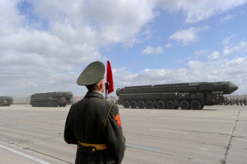A column of Russia's Topol intercontinental ballistic missile launchers rolls during a rehearsal of the Victory Day Parade in Alabino, outside Moscow, on April 20, 2011. A column of Russia's Topol intercontinental ballistic missile launchers rolls during a rehearsal of the Victory Day Parade in Alabino, outside Moscow, on April 20, 2011.