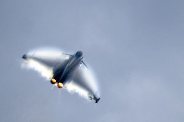 A British Royal Air Force Eurofighter Typhoon fighter aircraft flies at RAF Coningsby on May 16, 2023, in Coningsby, England. A British Royal Air Force Eurofighter Typhoon fighter aircraft flies at RAF Coningsby on May 16, 2023, in Coningsby, England.