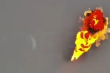 A Russian Geran-5 jet-powered strike drone explodes after being hit by Ukrainian border guards on September 23, 2026.