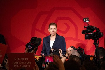 Chairwoman of the Social Democratic Party and Denmark’s Prime Minister, Mette Frederiksen, speaks during an event for the general election at the Danish Parliament in Copenhagen, Denmark, on March 25, 2026. (Source: Getty Images)