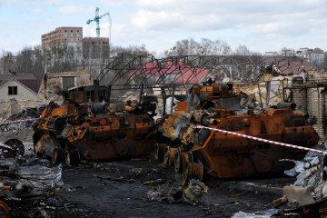 Destroyed military equipment of the Russian army in the city of Bucha, Ukraine in 2022. (Source: Getty Images)