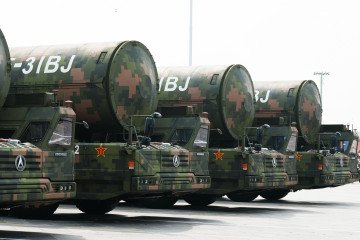 DF-31BJ land-based intercontinental ballistic missiles roll through Tiananmen Square during a military parade marking the 80th anniversary of the end of World War II in Beijing, China, on Sept. 3, 2025. (Source: Getty Images)