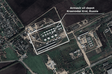 Satellite image of the Armavir oil depot in Russia’s Krasnodar region, identified by Ukrainian officials as the target of a long-range strike. (Source: Zelenskyy / Official)