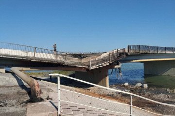 The Henichesk–Arabat Spit bridge after being damaged in a Ukrainian Storm Shadow/SCALP strike in August 2023. (Source: Radio Free Europe/Radio Liberty) The Henichesk–Arabat Spit bridge after being damaged in a Ukrainian Storm Shadow/SCALP strike in August 2023. (Source: Radio Free Europe/Radio Liberty)