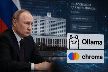 Illustration showing Russian Leader Vladimir Putin, Russia’s Government House, and the logos of Ollama and ChromaDB. (Source: UNITED24 Media)