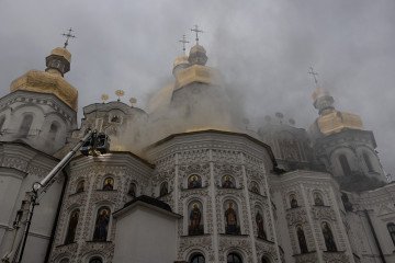 Firefighters inspect damage to the Assumption Cathedral at Kyiv Pechersk Lavra following a Russian drone and missile attack on Kyiv, June 15, 2026. (Source: Getty Images)