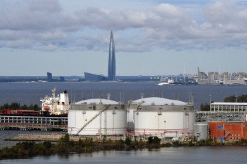 A general view of the oil terminal, in the port with the Lakhta skyscraper in the background, in Saint Petersburg, Russia. (Source: Getty Images)