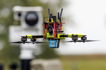 A so-called hunter drone is seen in front of a mobile sensor unit for drone detection, in eastern Germany, on October 8, 2025.