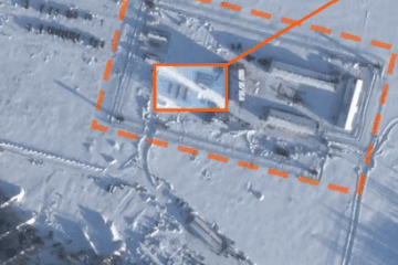 Satellite image of the military camp in the central sector of the former Krychaw-6 military airfield, displaying six vehicles that may belong to the "Oreshnik" missile system on February 17, 2026. (Source: Radio Liberty/Radio Free Europe)