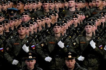 Troops march towards the Red Square to attend the rehearsal of Victory Day military parade at Red Square in Moscow, Russia on May 3, 2025. Illustrative photo. (Source: Getty Images)
