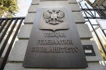The blazon at the entrance of the Russian Embassy in Helsinki. (Source: Getty Images)