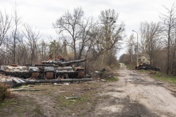 Destroyed and burned tanks and other military equipment of the Russian invaders along the Zhytomyr highway in the vicinity of Kyiv. (Source: Getty Images)