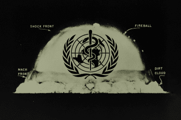 Illustrative image showing a nuclear explosion diagram overlaid with the WHO emblem. (Source: UNITED24 Media/Oleksandr Manukians)