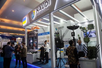Visitors are at the Ukrainian pavilion during the Indo Defence 2025 Exhibition in Jakarta, Indonesia, on June 11, 2025. (Source: Getty Images)