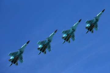 Russian Su-34 fighter-bomber jets during a 2018 parade in Moscow, Russia.