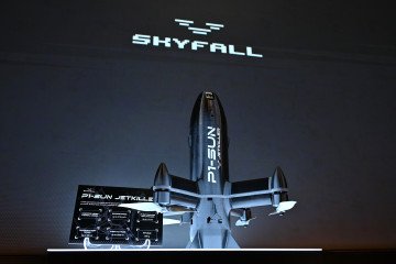 Ukrainian-made SkyFall P1-SUN JetKiller interceptor drone on display at DroneX Expo 2026 in London, September 29, 2026. (Source: Getty Images)