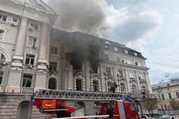 Firefighters respond to a fire at the SBU headquarters in Kyiv following a targeted Russian drone strike. (Source: Social media)