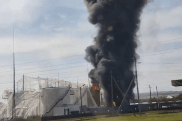 Black smoke rises from a Russian oil facility in the Ulyanovsk region after a drone strike, July 23, 2026.