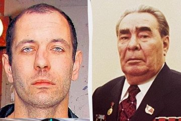 A split image showing Anton Milaev (left), the 45-year-old adopted great-grandson of former Soviet leader Leonid Brezhnev (right). (Source: Sternenko / Telegram)