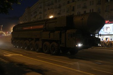 Russian Topol-M intercontinental ballistic missile systems roll through central Moscow during Victory Day parade rehearsals, held under COVID-19 restrictions. (Photo: Getty Images)