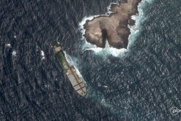 Massive Oil Spill Spreads Off Oman After Explosion on Sanctioned Russian Tanker Oil spills from a tanker. (Source: Planet Labs PBC/Handout via REUTERS)
