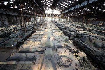 German-made Leopard 1 tanks, which were removed from the Belgian army’s inventory years ago and sold to a defense industry company, are seen at a warehouse in Tournai, Belgium, on February 02, 2023.