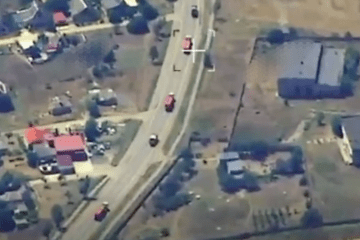 A screenshot from video released by Ukraine's Unmanned Systems Forces shows Russian fuel tankers traveling near occupied Prymorsk, Zaporizhzhia region. (Source: Robert “Madyar” Brovdi/Facebook)
