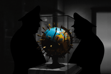 Silhouettes of military officers stand beside a globe in a conceptual image of global war planning. (Source: UNITED24 Media/Oleksandr Manukians)