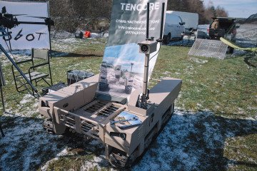 Ukrainian ground-based robotic system TERMIT (Terrain Modular Infantry Transporter) with integrated artificial intelligence during a test exhibition of Brave1 ground robots at an undisclosed location in Ukraine, on April 11, 2025. (Source: Getty Images)