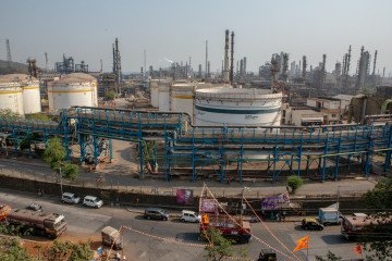 Storage tanks at the Hindustan Petroleum Corp. oil refinery on April 23, 2026 in Mumbai, India. (Source: Getty Images)