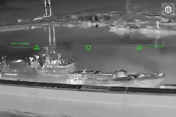 Russian frigate Admiral Grigorovich in Novorossiysk port captured by a Ukrainian drone on April 6, 2026. (Source: Unmanned Systems Forces of Ukraine)