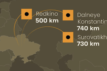 Map showing the locations of three Russian military-industrial facilities struck by Ukrainian forces on October 9, including sites in Redkino, Dalneye Konstantinovo, and Surovatikha. (Source: General Staff of the Armed Forces of Ukraine)