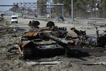 A destroyed Russian army tank is seen approximately 40 kilometers west of Kyiv in Kyiv region, April 7, 2022. (Source: Getty Images)