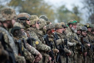 Soldiers of the 423rd Separate Battalion of Unmanned Systems “Scythian Griffins” stand in formation on October 10, 2025 in Zaporizhzhia Oblast, Ukraine. (Source: Getty Images)