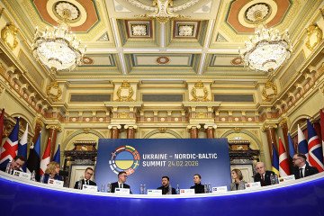 Nordic, Baltic leaders and Ukrainian President Volodymyr Zelenskyy attend a joint press conference following their meeting in Kyiv on February 24, 2026, as Ukraine marks the fourth anniversary of the Russian full-scale invasion. (Source: Getty Images) Nordic, Baltic leaders and Ukrainian President Volodymyr Zelenskyy attend a joint press conference following their meeting in Kyiv on February 24, 2026, as Ukraine marks the fourth anniversary of the Russian full-scale invasion. (Source: Getty Images)